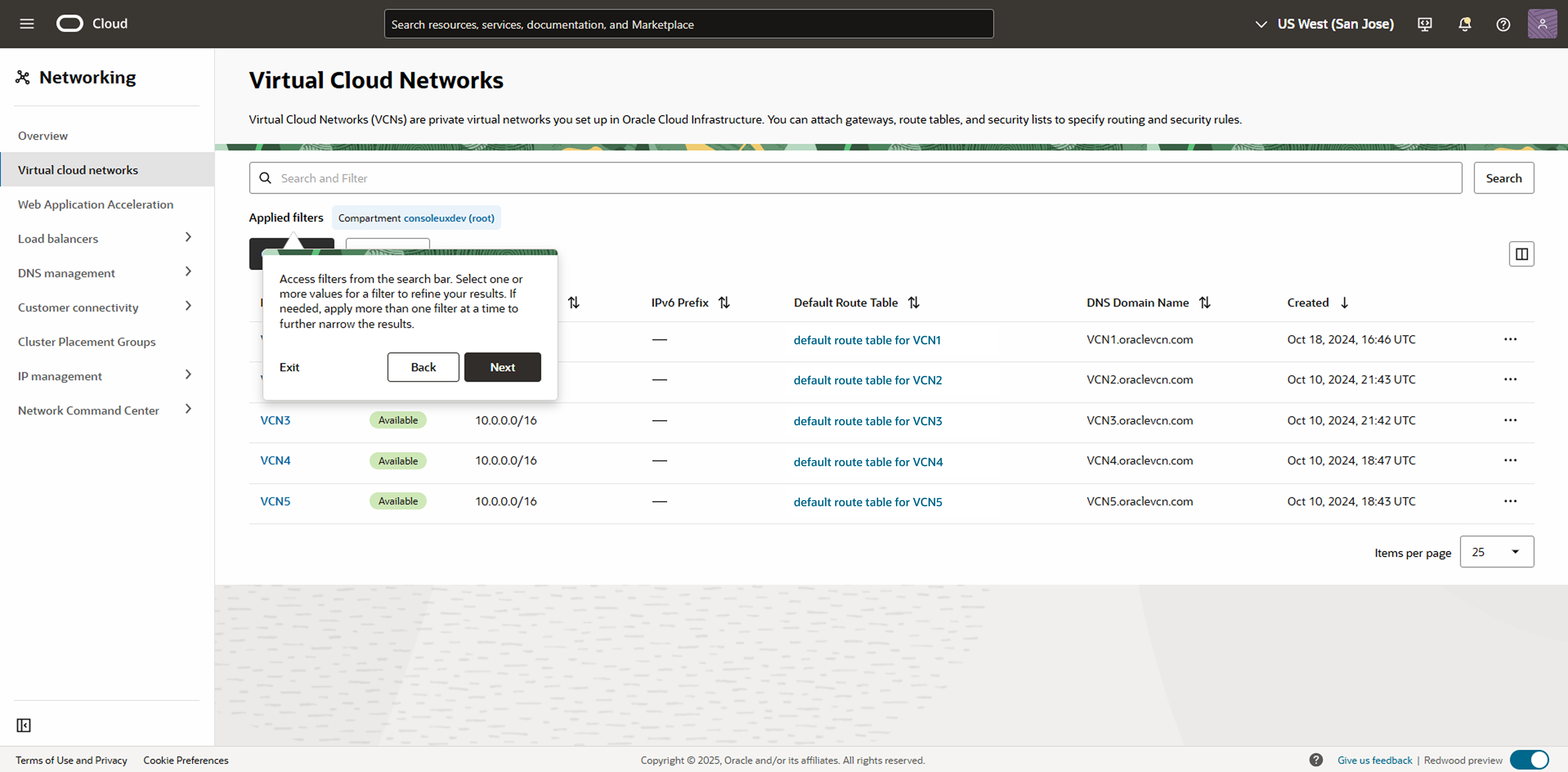 Screenshot of Virtual Cloud Networks list page from OCI Console