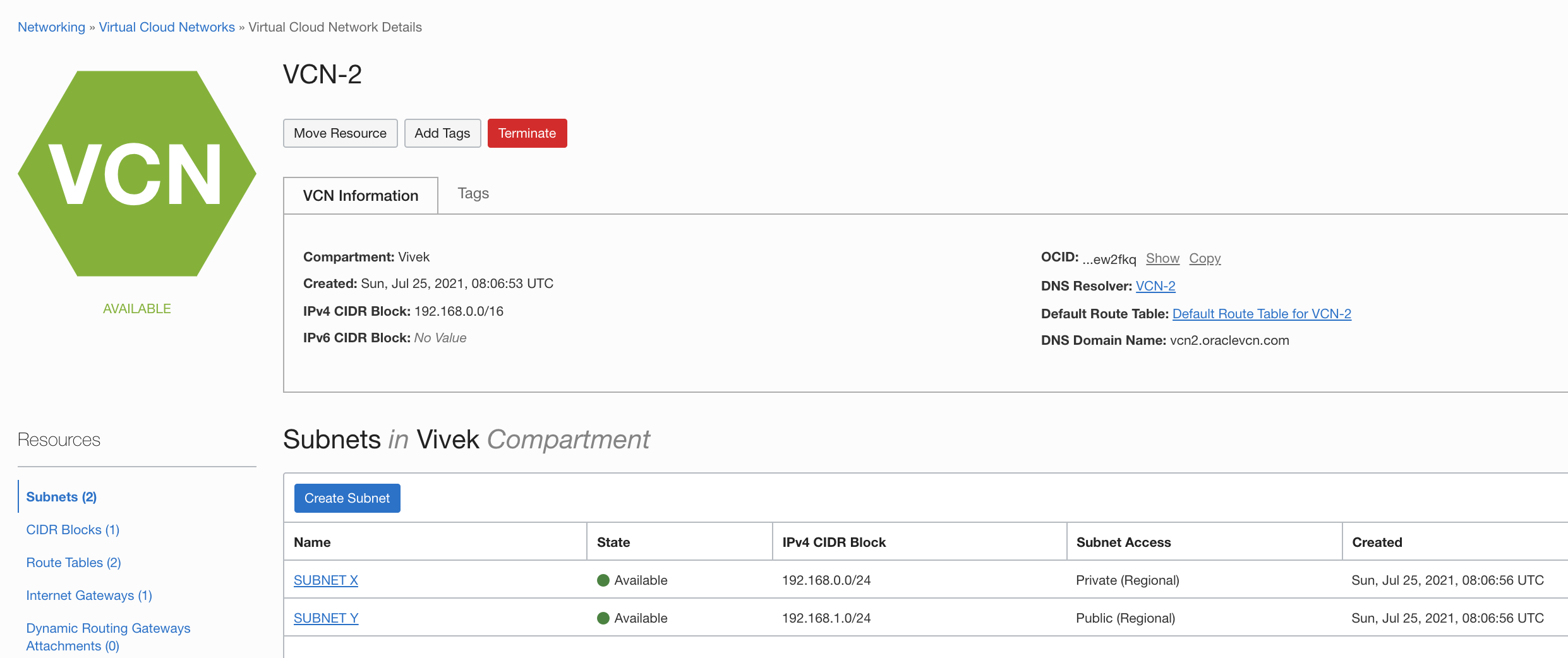A screenshot for the details of the example VCN for the second region, VCN-2.