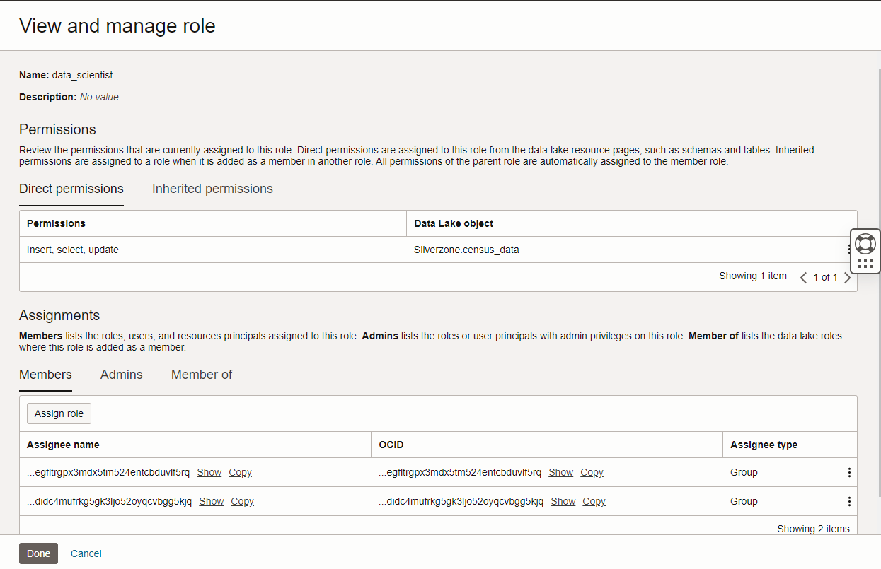 A screenshot of the View and Manage Roles section in the Oracle Cloud Console, showing permissions and members that you can manage.