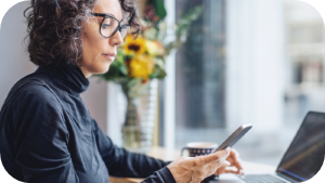 Woman opening bank account stock photograph