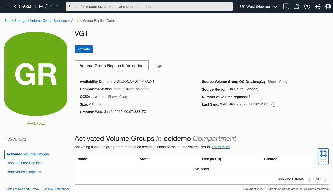 A screenshot of the Volume Group Replica Details page for VG1.