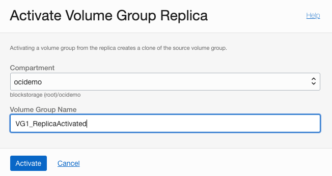 A screenshot of the Activate Volume Group Replica page with the details filled in.