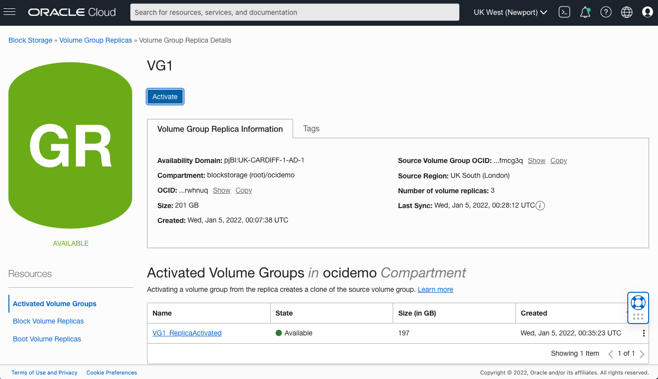 A screenshot of the details page for VG1 with the activated volume groups shown.