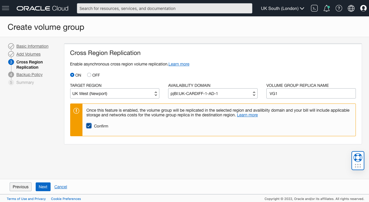 A screenshot of the Cross Region Replication screen on the Cross Region Replication tab with details selected.