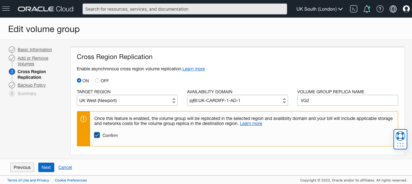 A screenshot of the Edit Volume Group screen on the Cross Region Replication tab with details selected.