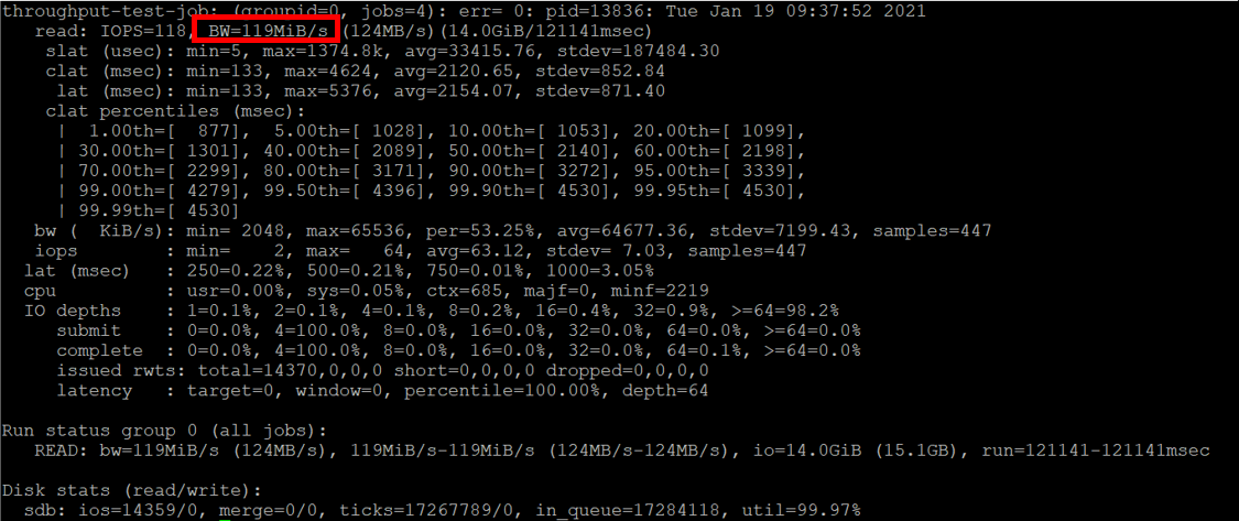 A screenshot of the test results for throughput with a line outlined in red.