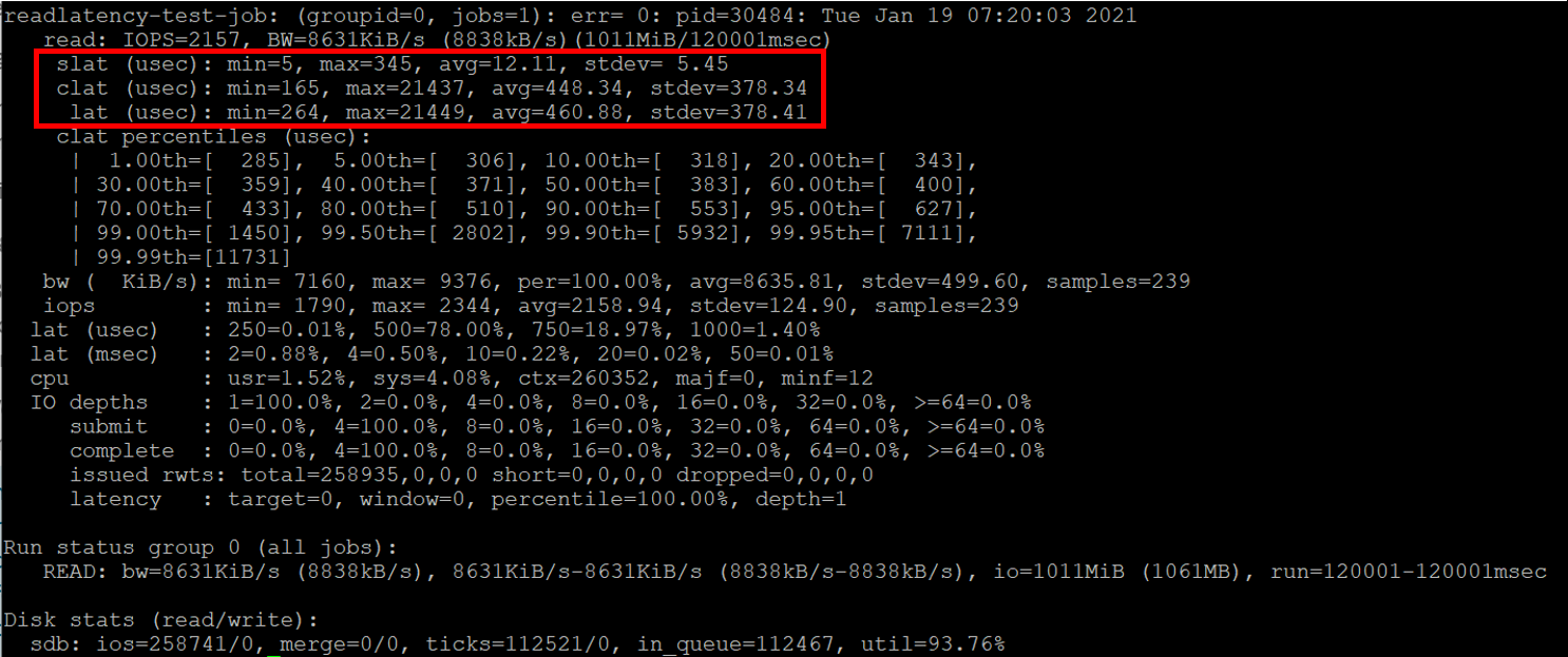A screenshot of the latency performance test with three lines of code outlined in red.