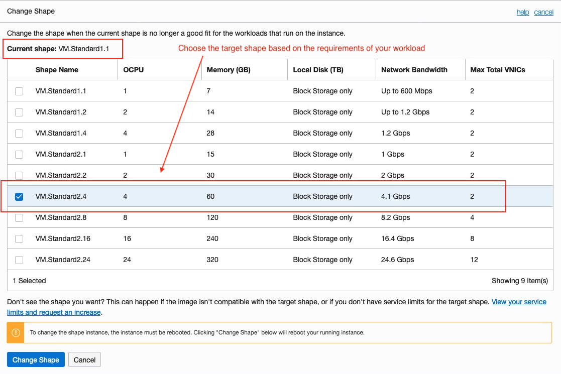 Screenshot that shows the Change Shape panel, highlighting the current shape, the list of available shapes, and the chosen new shape, VM.Standard2.4.