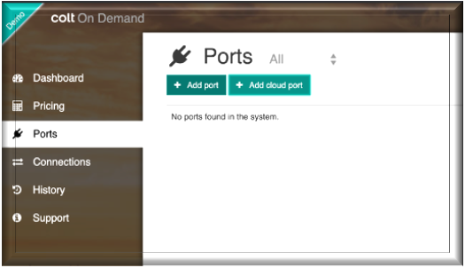 Screenshot that shows the Ports page of the Colt On Demand Portal.