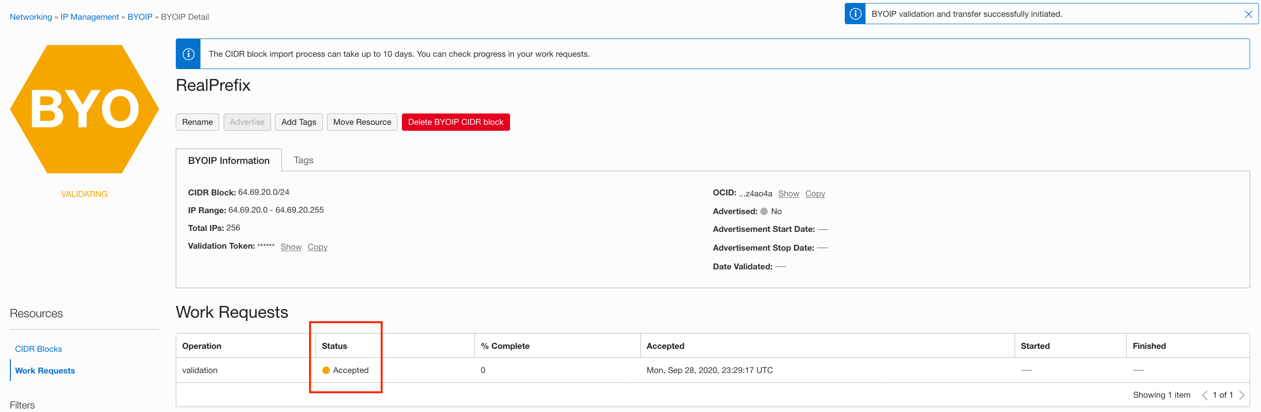 A screenshot of the BYOIP screen, showing the work requests, with the status outlined in red.