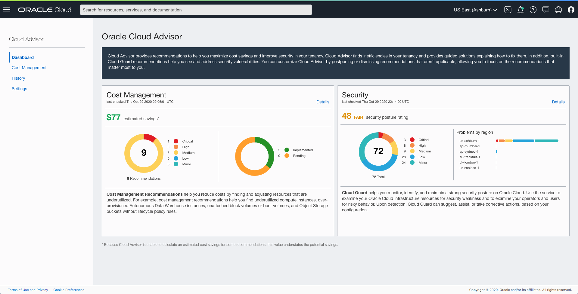 A screenshot that shows the Cloud Advisor Dashboard, showing some cost management and security recommendations.