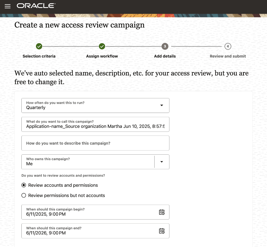 Configuring the scope of an Access Review in Oracle Access Governance.