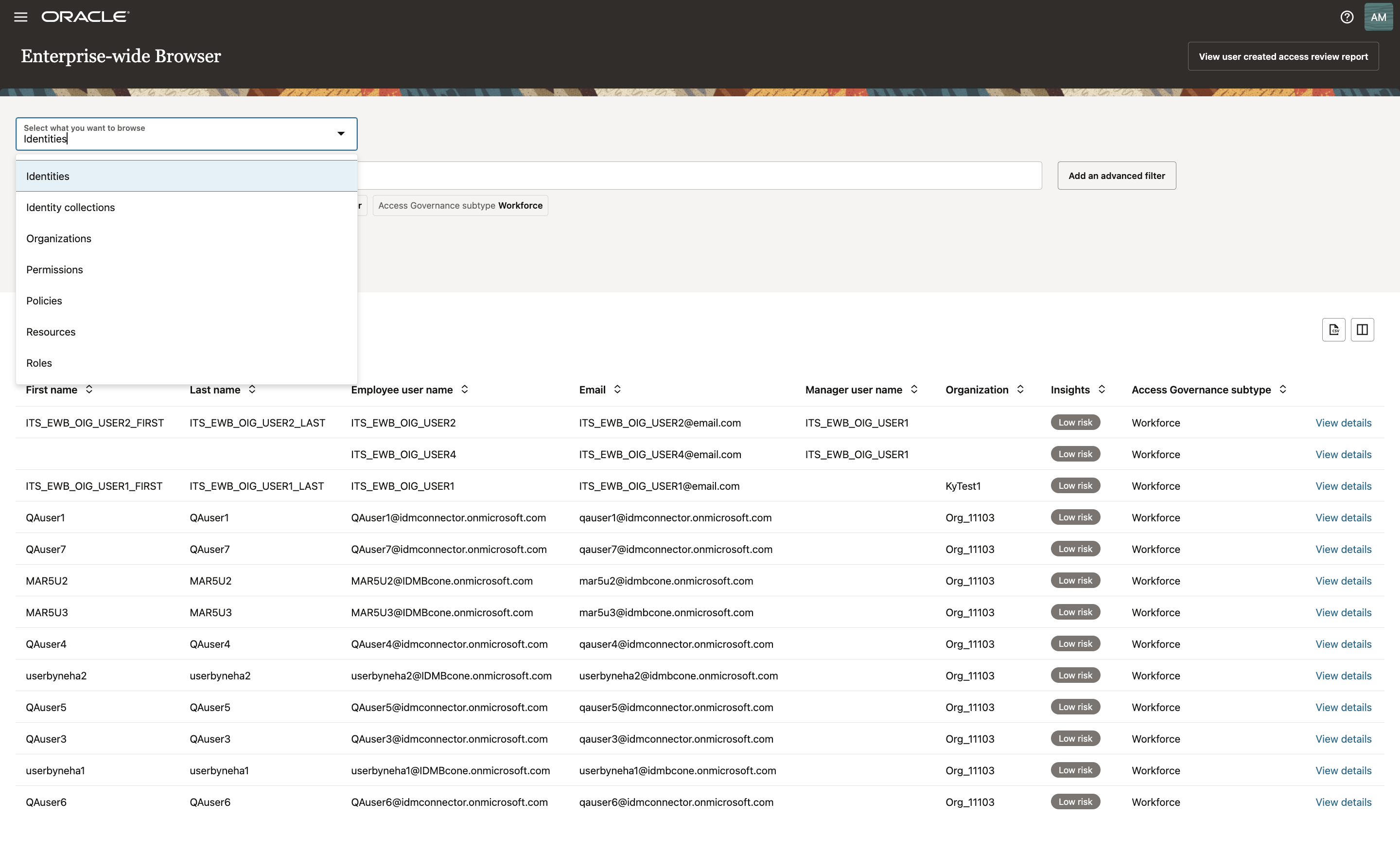 Enterprise-wide browser with a menu expanded.
