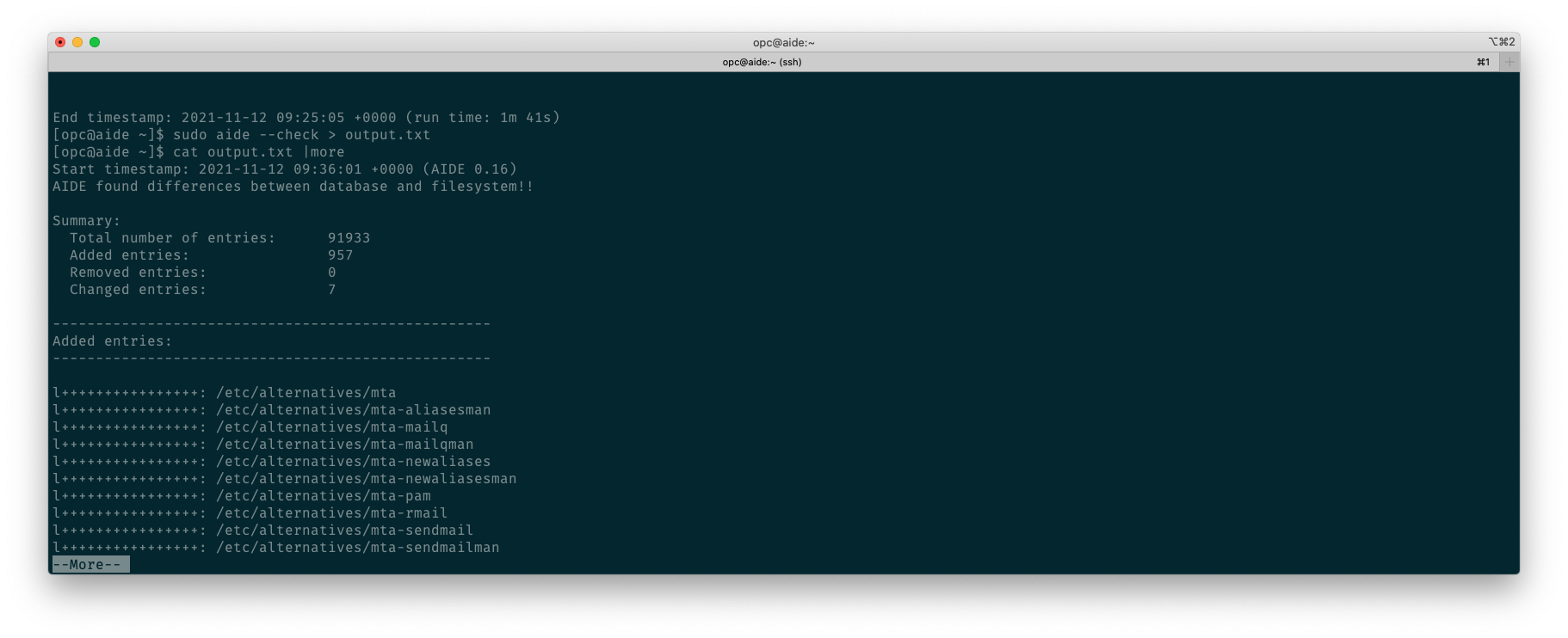 A screenshot of the list of the changes and added entries.