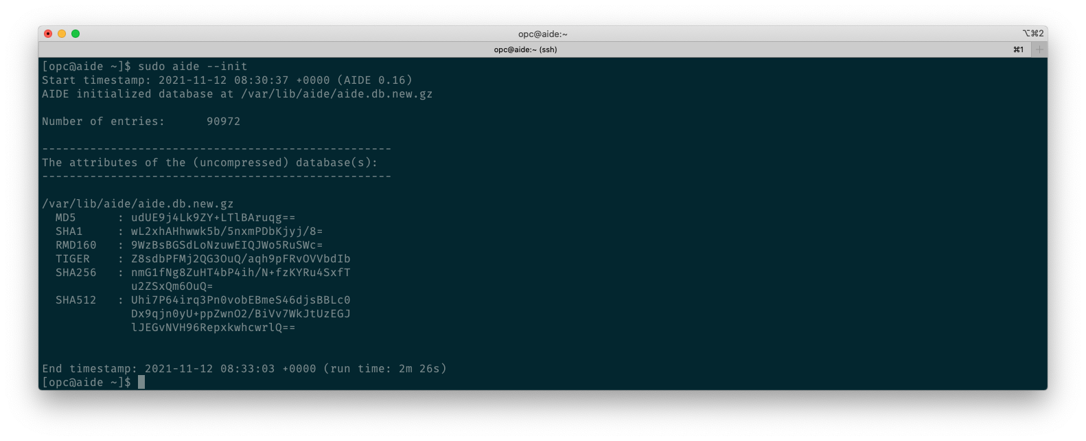 An example output of the sudo aide --init command.
