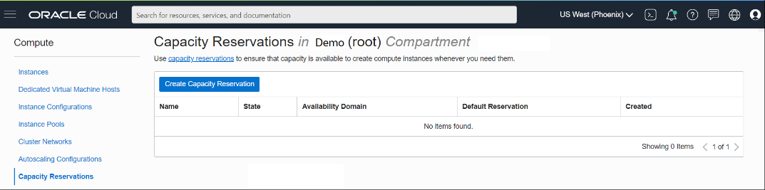 A screenshot of the Capacity Reservations in Demo (root) compartment in the Console.