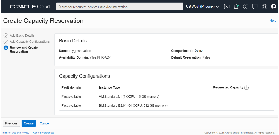 A screenshot of the Create Capacity Reservation screen on the Review and Create Reservation section.