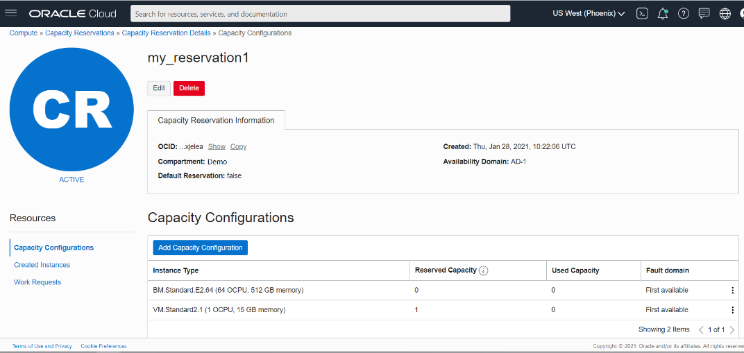 A screenshot of the example my_reservation1 reservation in the Oracle Cloud Console.