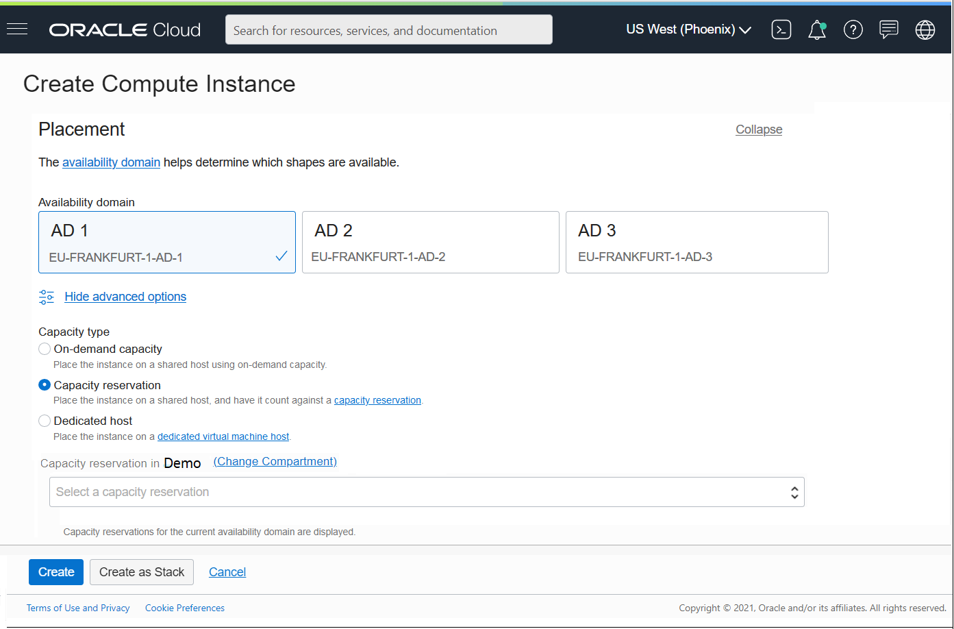 A screenshot of the Create Compute Instance screen with capacity reservation selected.