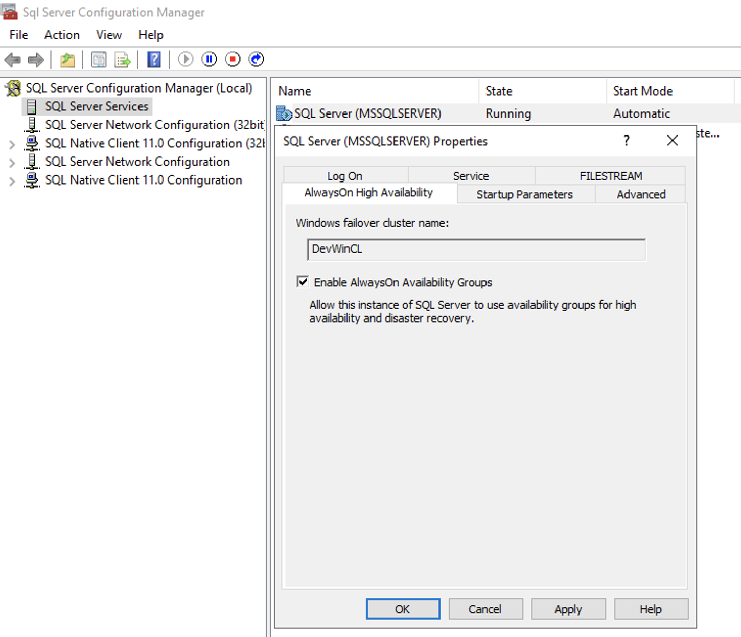 A screenshot of the SQL Server Configuration Manager screen, showing the properties and the Windows failover cluster name.