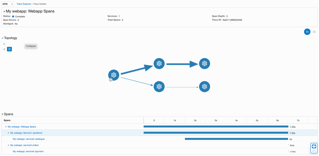 A screenshot of the Trace Details page for the example deployment in APM.