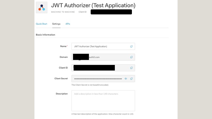 A screenshot of the JWT Authorizer (Test Application) page.