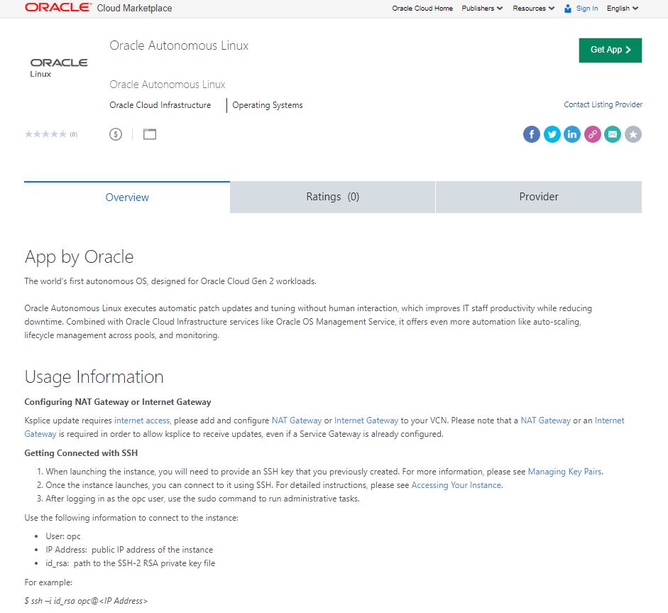 The Oracle Autonomous Linux listing on the Oracle Cloud Marketplace page.