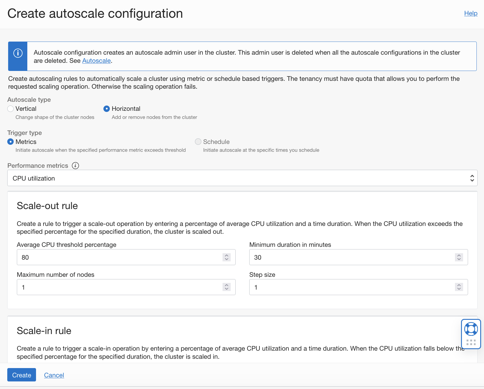 A screenshot of the Create autoscale configuration for horizontal autoscaling.