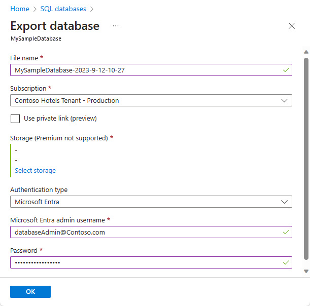 Export database creation screen