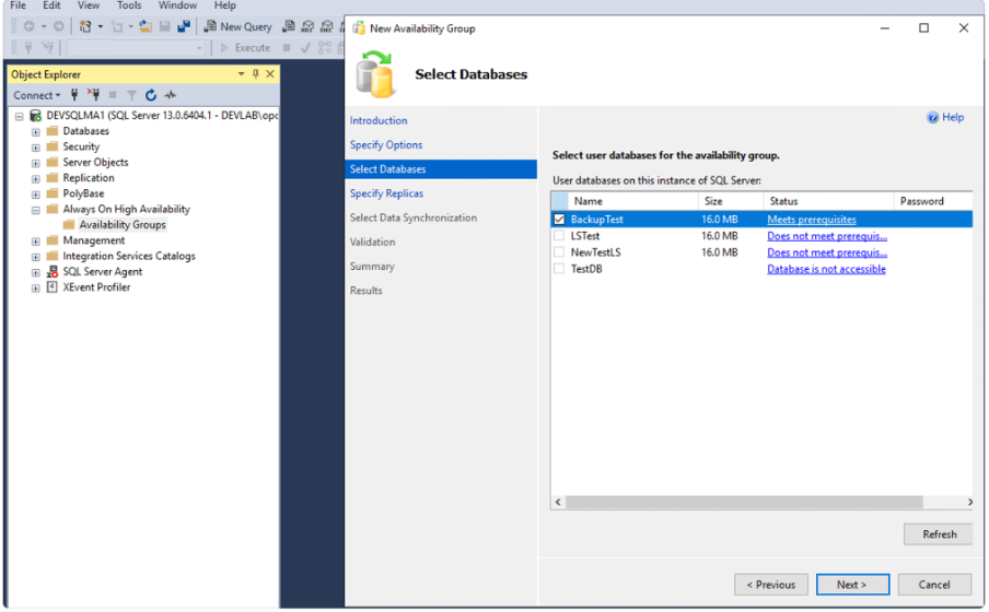 A screenshot of the New Availabilty Group window on the Select Databases tab with the BackupTest database selected and highlighted.