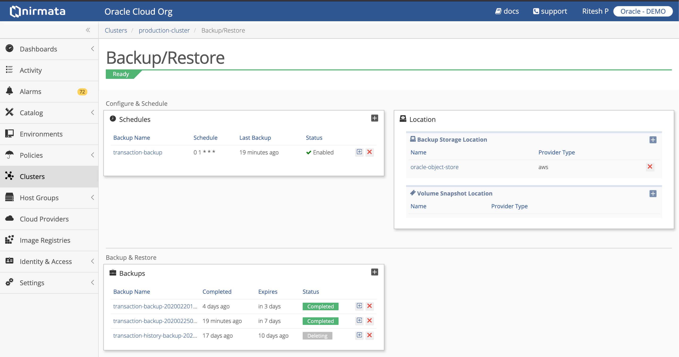 Screenshot that shows the backup storage location in Nirmata.