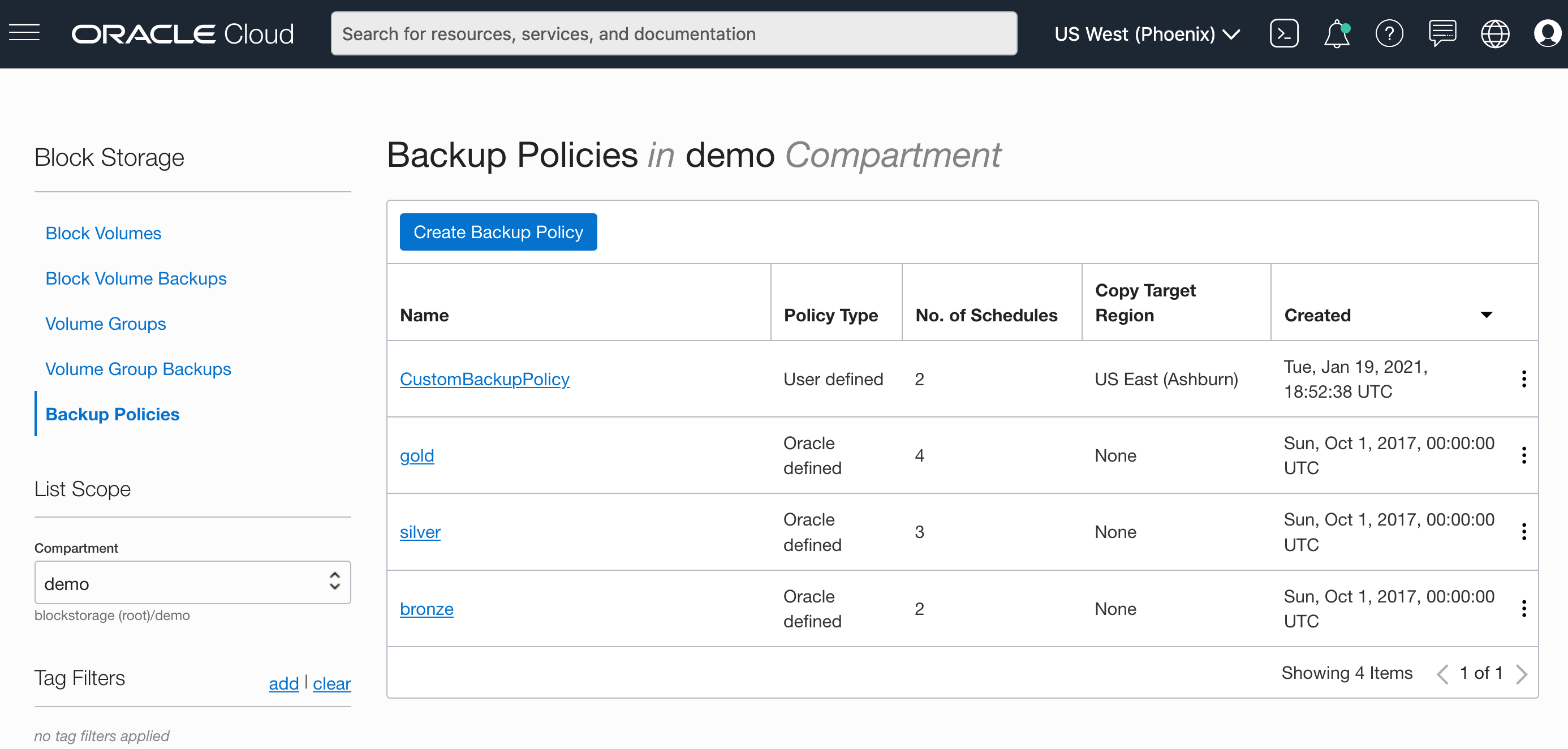 A screenshot of the Backup Policies page, showing the policies in the demo compartment.