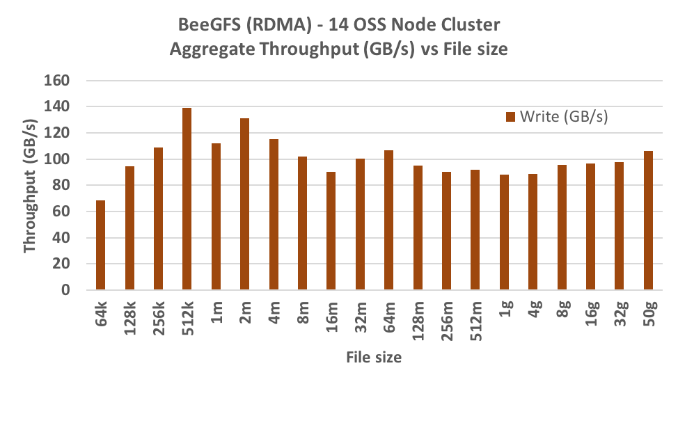 A bar graph showing the BeeGFS (RDMA) 144 OSs Node Cluster Aggregate Throughput in GB/s versus File Size.