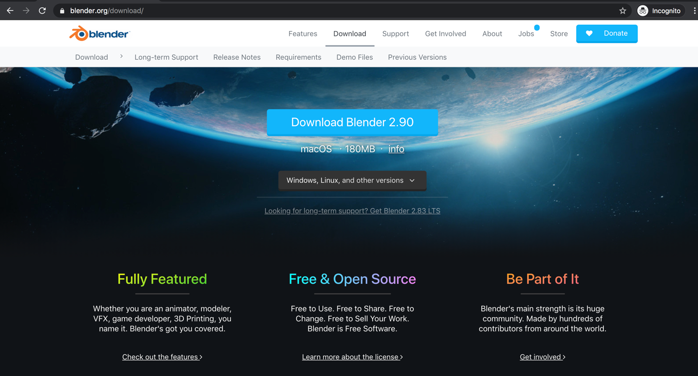 A screenshot that shows the Blender download page.