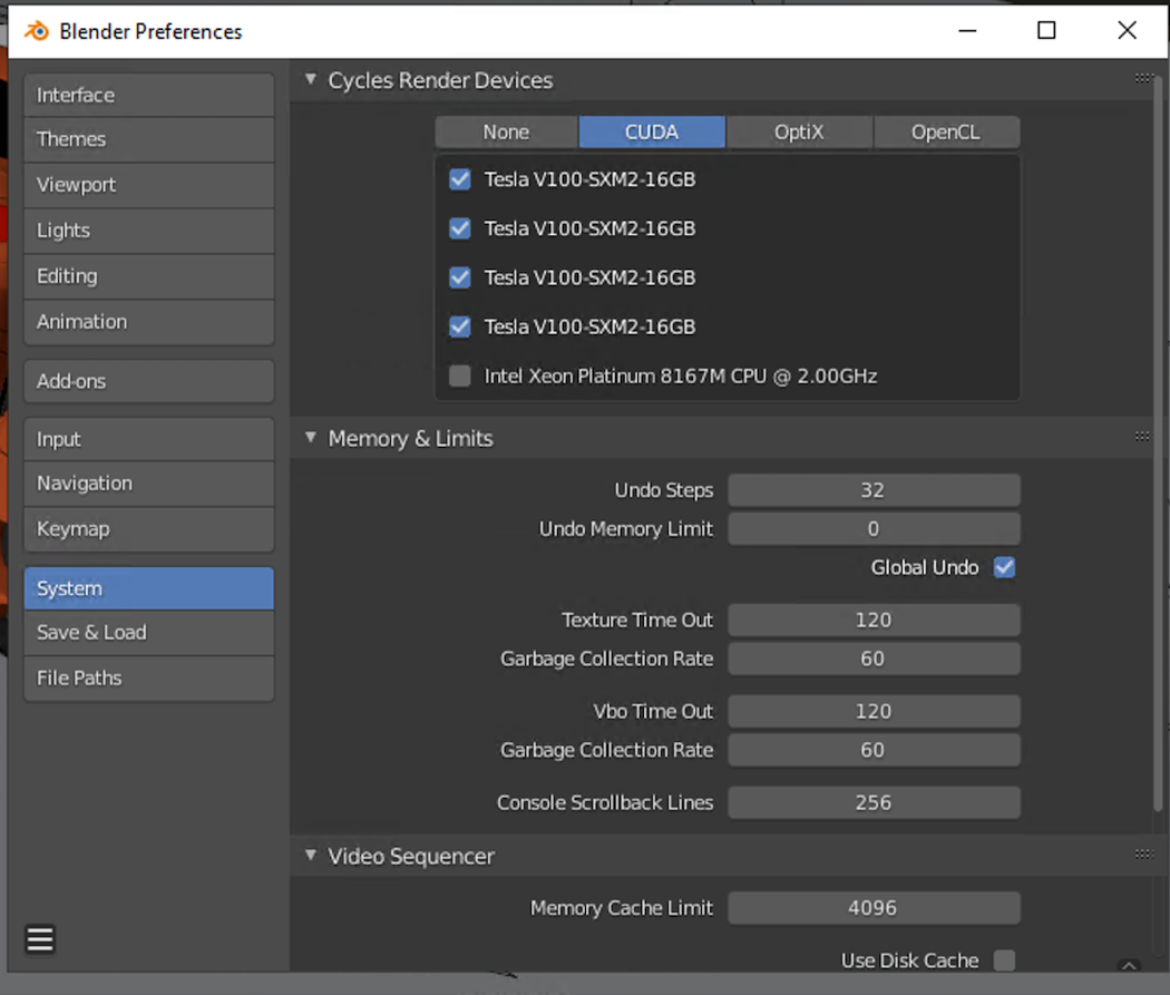 A screenshot that shows the Blender system preferences page with four Tesla V100 GPUs selected.
