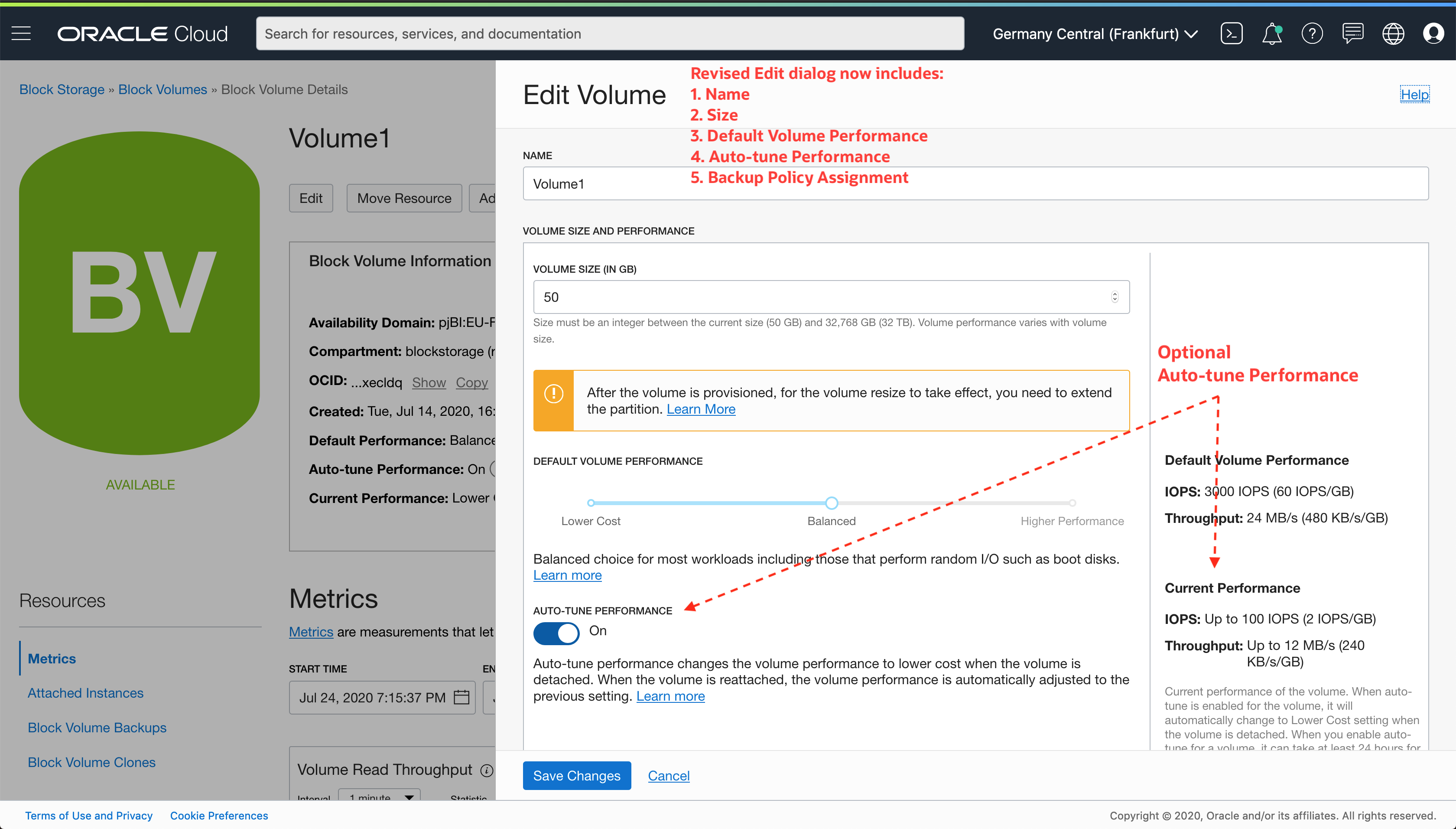 A screenshot depicting the Edit Volume window in the Console with the Optional Auto-tune Performance toggle pointed out in red.