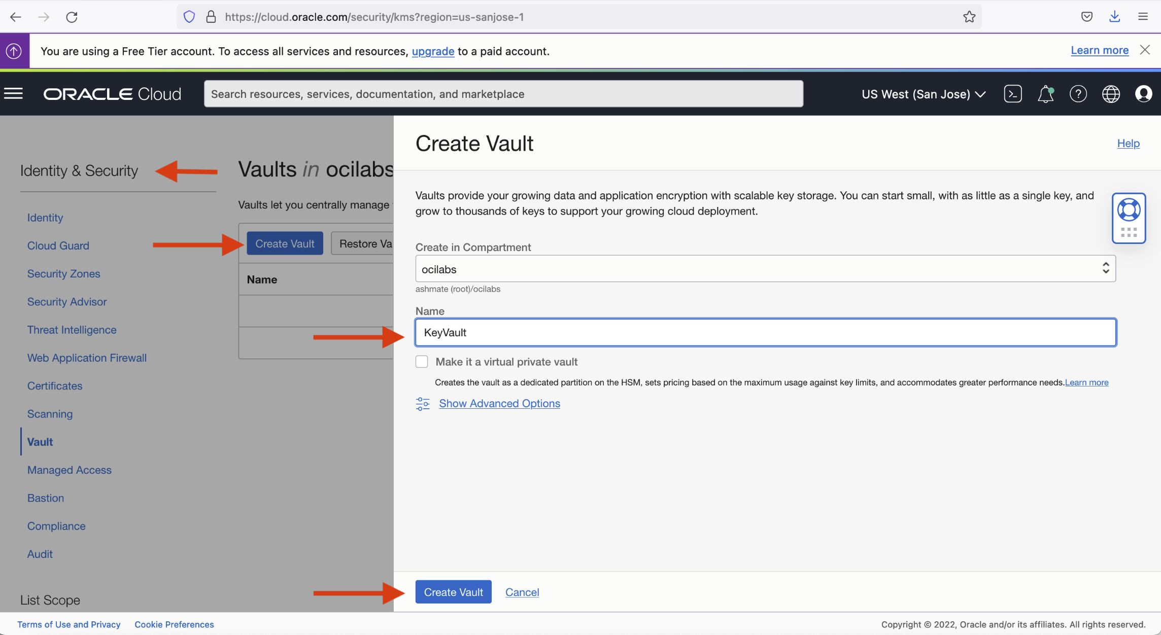 A screenshot of the Create Vault window with red arrows pointing to the Identity & Security menu, Create Vault button, and vault name.