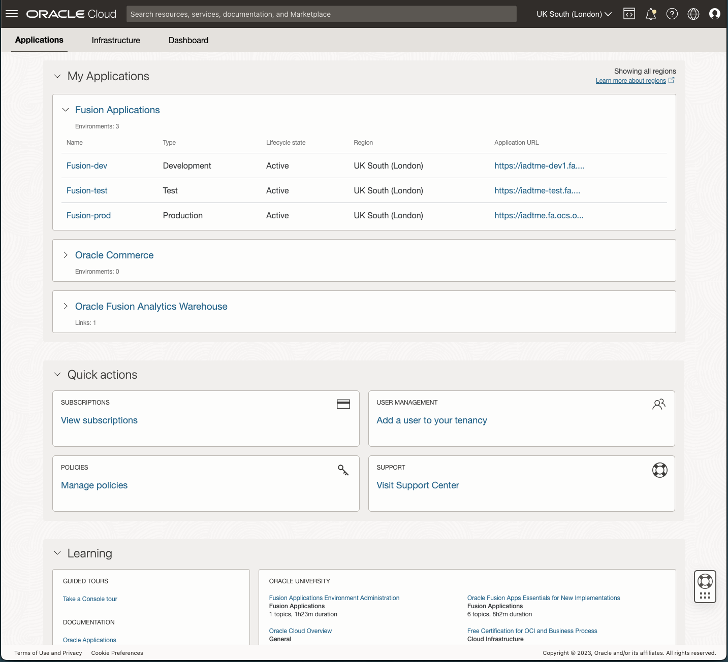 A screenshot of the Oracle Cloud Console Applications homepage, listing all Oracle Applications services.