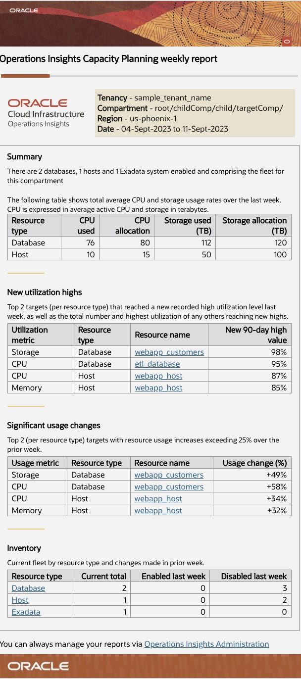 OPSI News Reports sample report - Sample report containing all insights for an example fleet used in the scenario, comprised of 2 database, 1 host, and 1 Exadata system