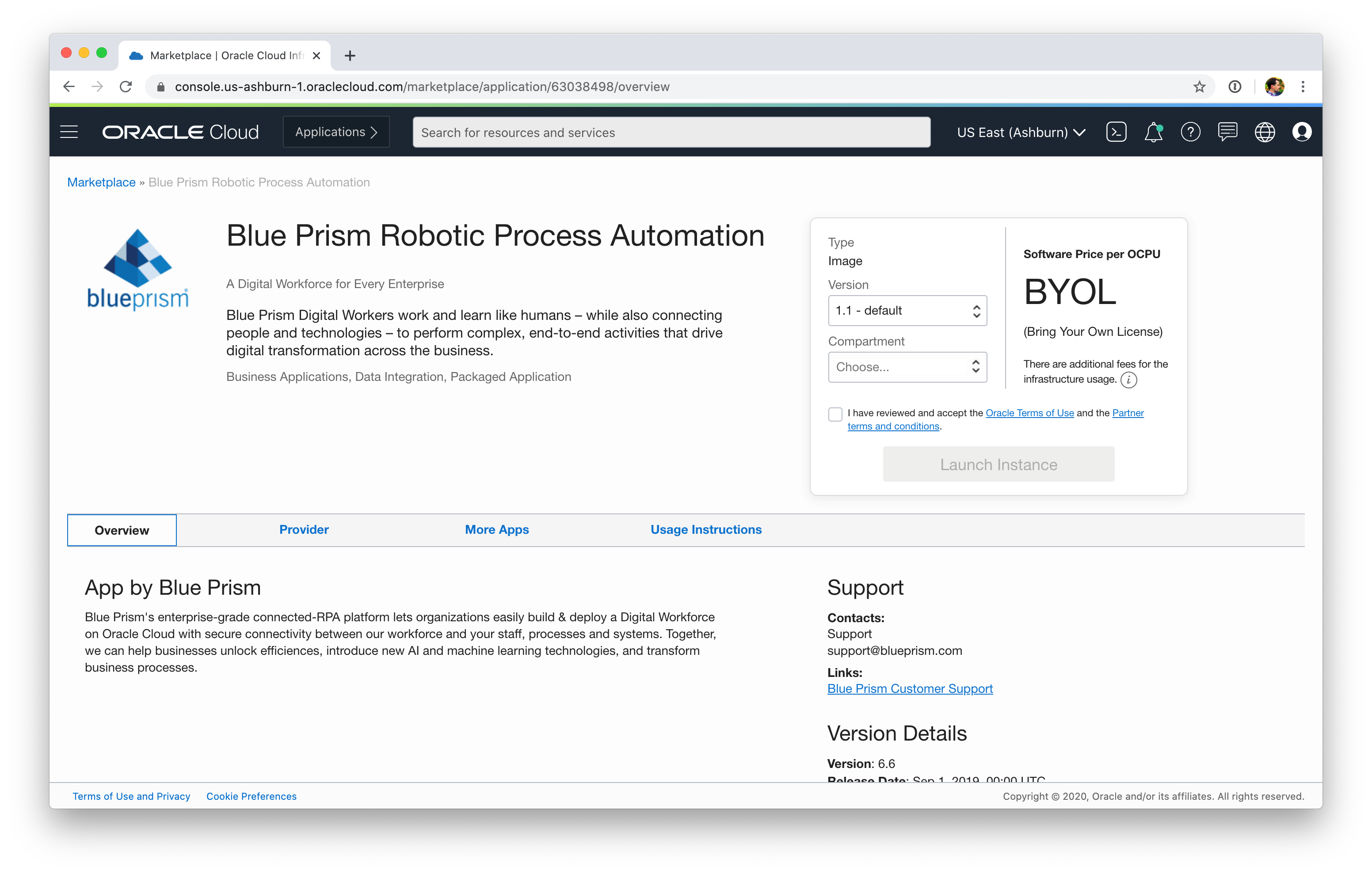A screenshot of the Blue Prism Robotic Process Automation page on Oracle Cloud Infrastructure.