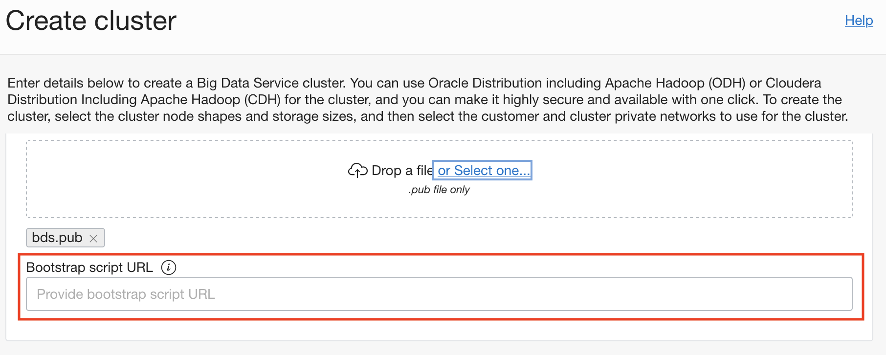 A screenshot of the Create cluster screen showing the bootstrap options.