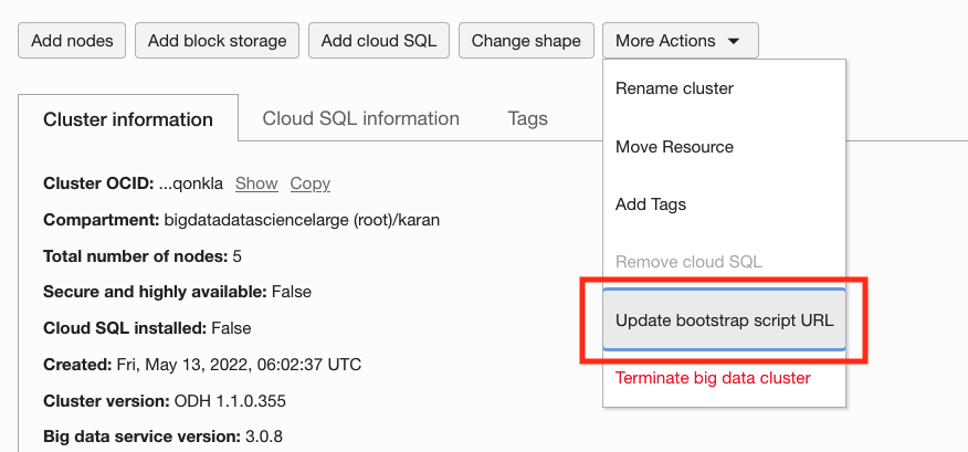 A screenshot of the Cluster information tab with the menu for More Actions expanded and the button for Update bootstrap scripts outlined in red.