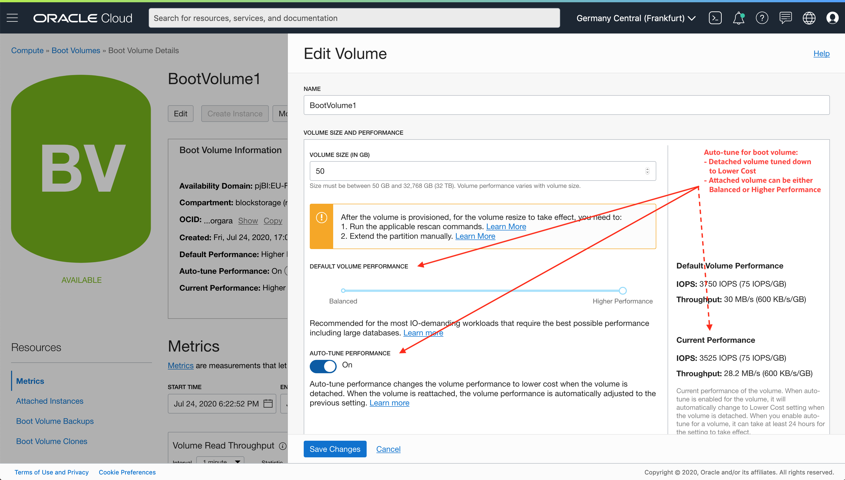A screenshot of the Edit Volume page with ”Auto-tune for boot volume: Detached volume tuned down to Lower cost, Attached volume can be either Balanced or Higher Performance“ written in red.
