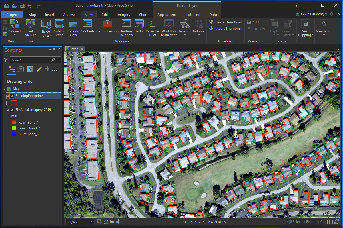 A screenshot that shows building footprints with the Detect Objects Using Deep Learning tool.