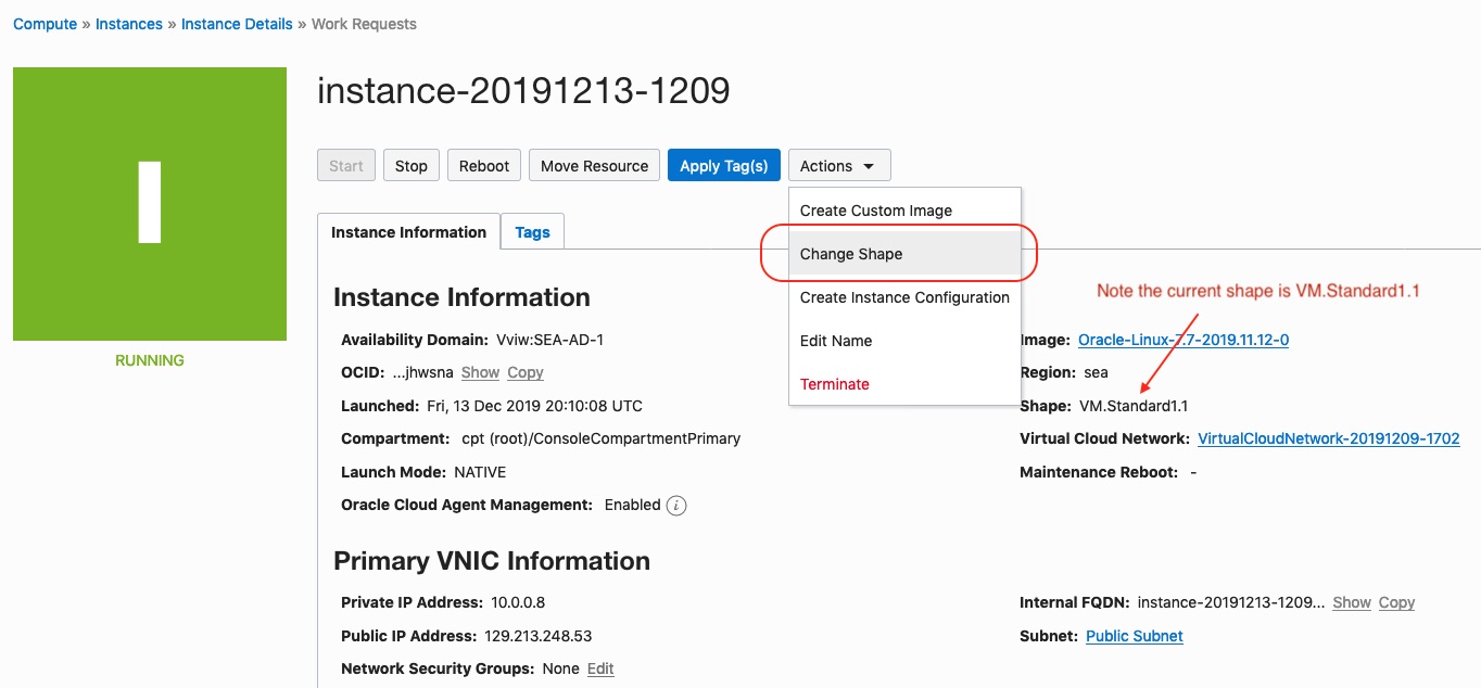 Screenshot of an instance details page highlighting the Change Shape option and showing the current instance shape, VM.Standard1.1.