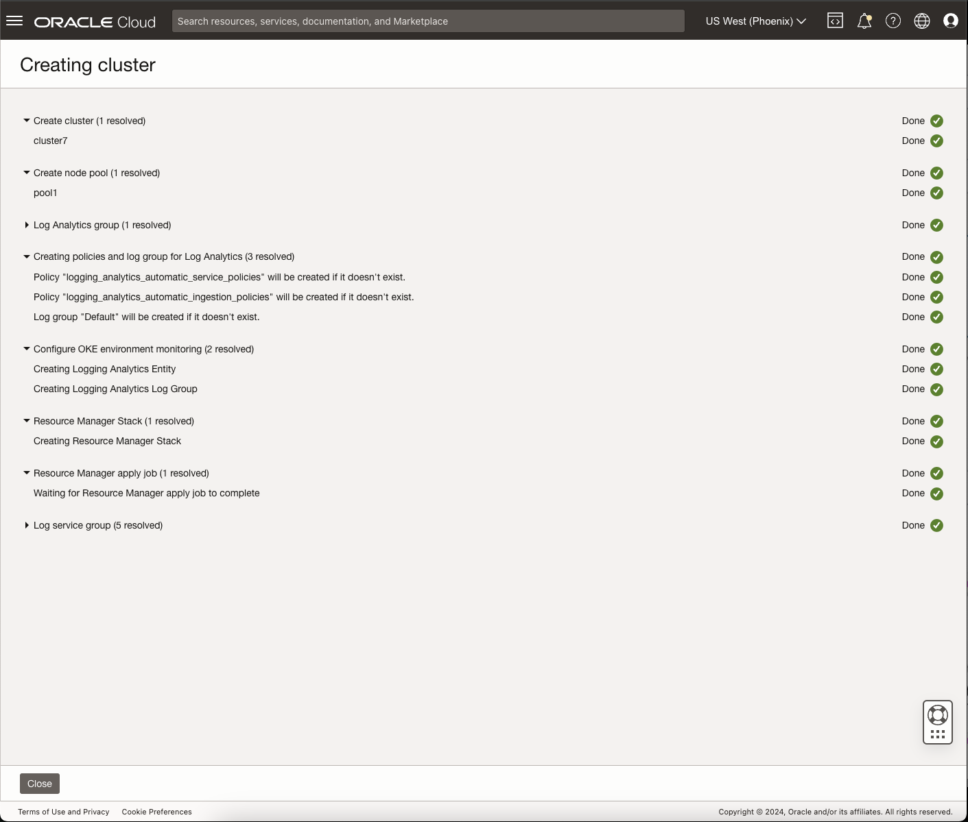An in-process cluster creation with notes on what aspects of Logging Analytics are enabled.