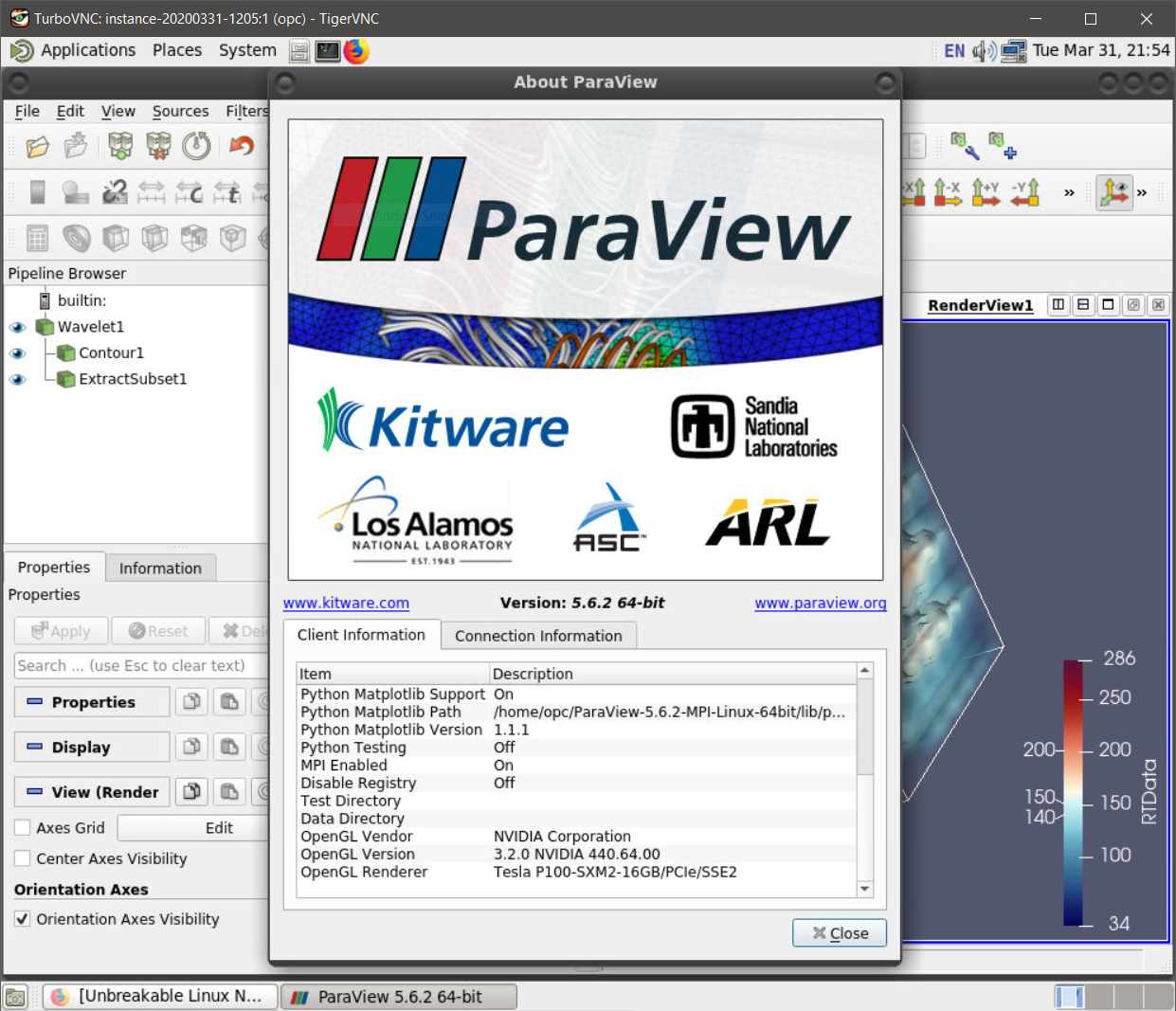 Screenshot that shows the About page for the TurboVNC graphical user interface ParaView.