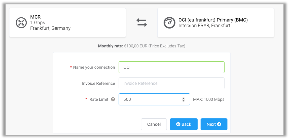 Connection Details page showing a name for the connection and a rate limit of 500.