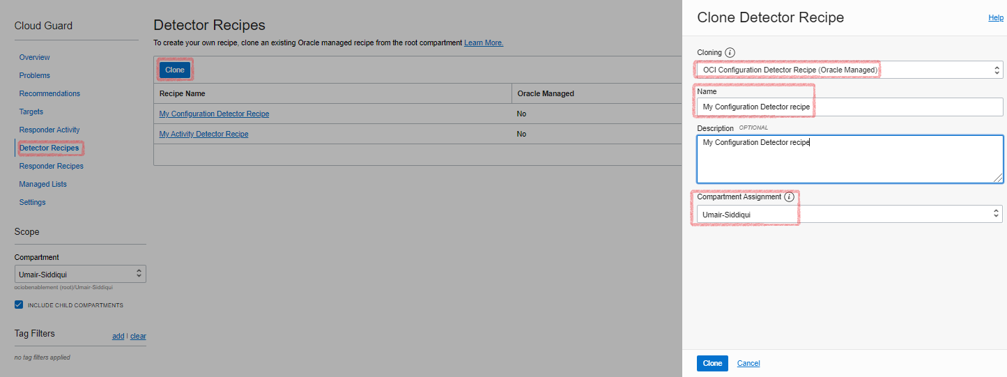 A screenshot of the Detector recipes page, with the Clone Detector Recipe window open.