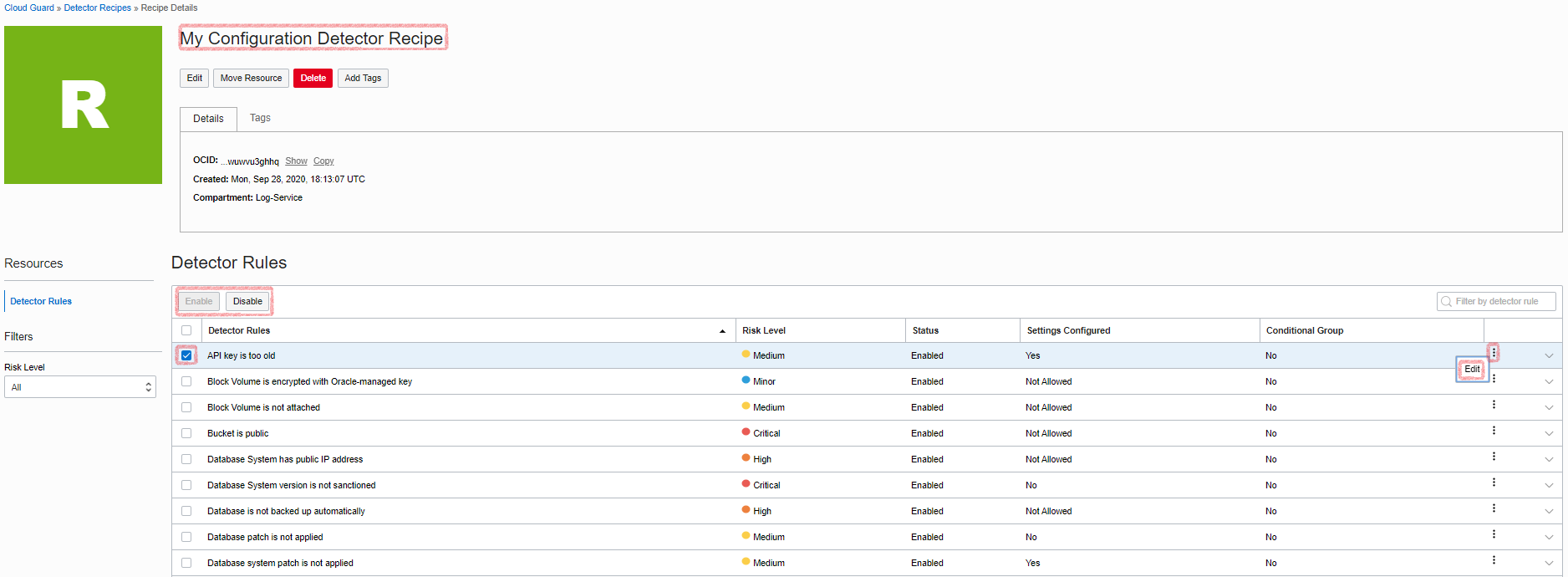 A screenshot of the My Configuration Detector recipe page in Oracle Cloud Guard.
